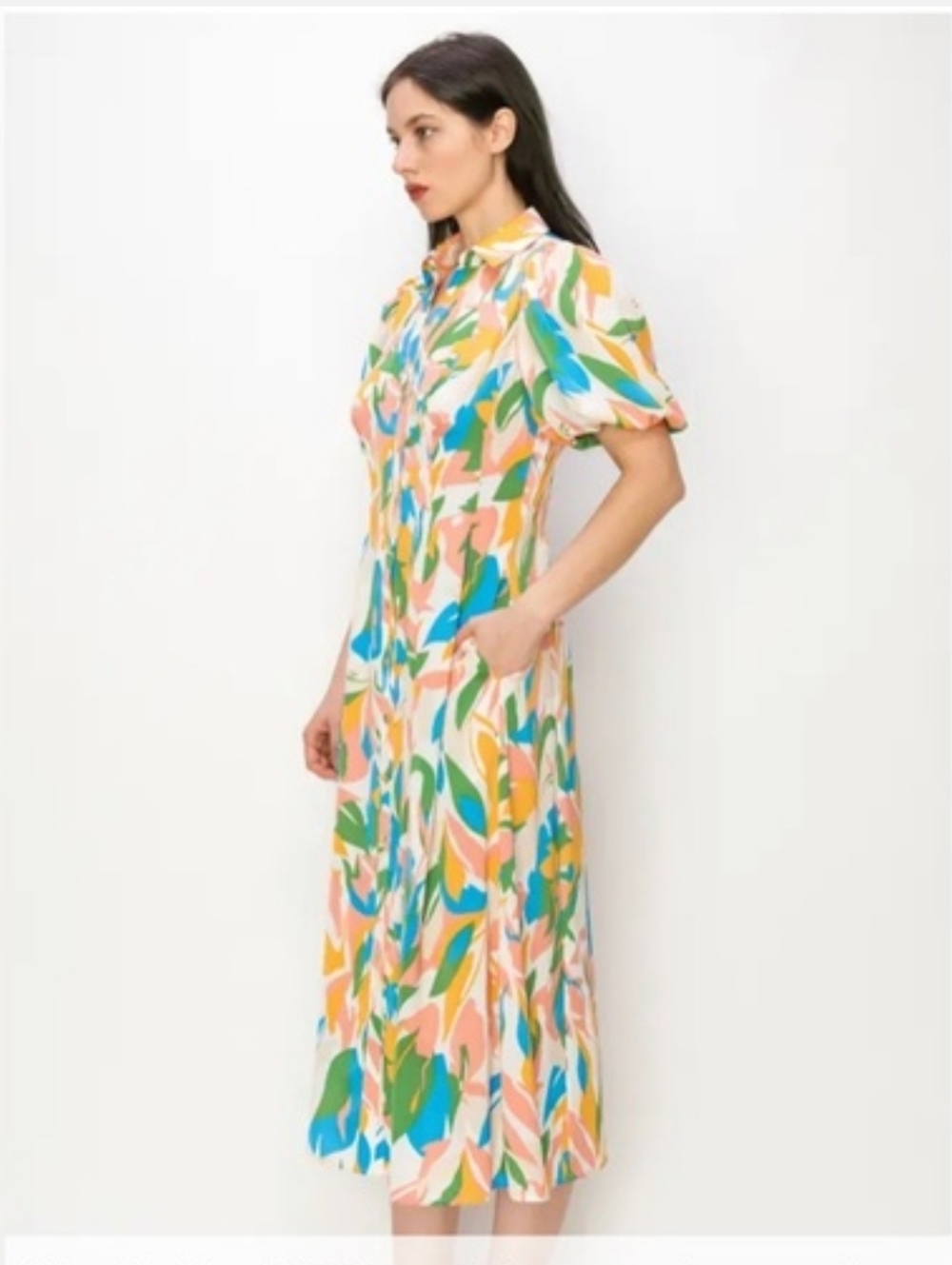 Melloday Colorful Leaf-Print Button-Front Midi Dress